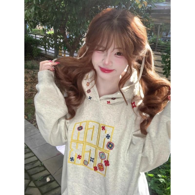 순수한 Mianhua 면 복합 얇은 스타일 털이 있는 자수 한국 스타일 새로운 긴팔 티셔츠 여성 루즈핏 맨위 여성 이미지 5
