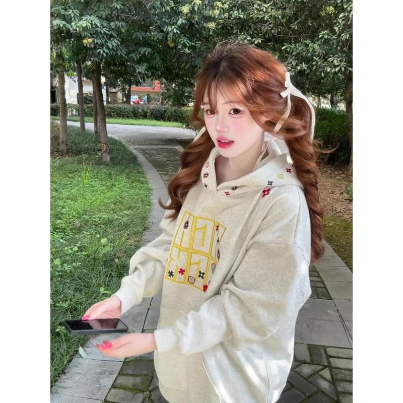 순수한 Mianhua 면 복합 얇은 스타일 털이 있는 자수 한국 스타일 새로운 긴팔 티셔츠 여성 루즈핏 맨위 여성 이미지 4