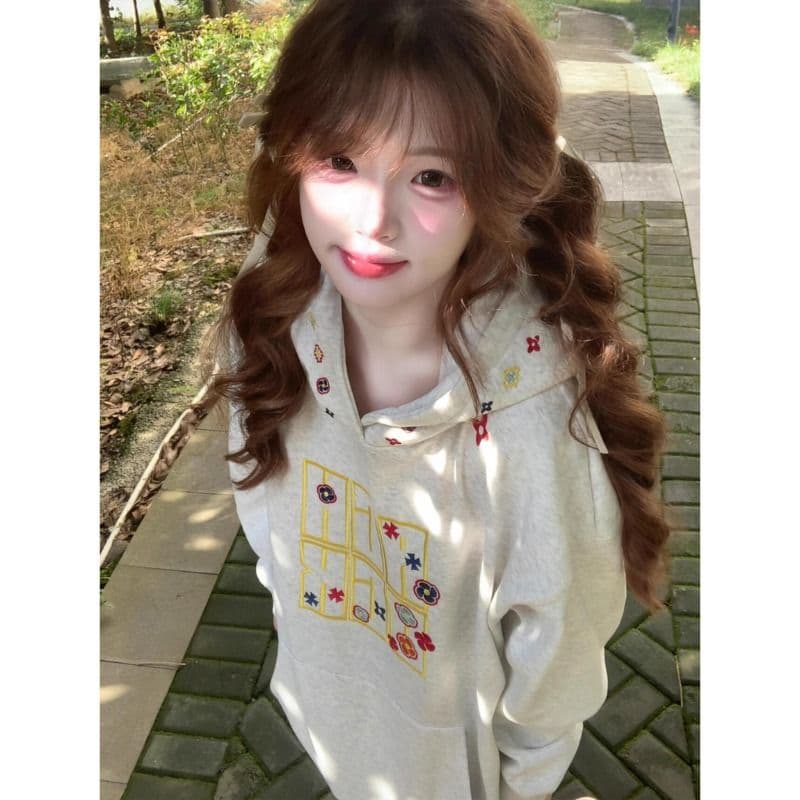 순수한 Mianhua 면 복합 얇은 스타일 털이 있는 자수 한국 스타일 새로운 긴팔 티셔츠 여성 루즈핏 맨위 여성 이미지 3