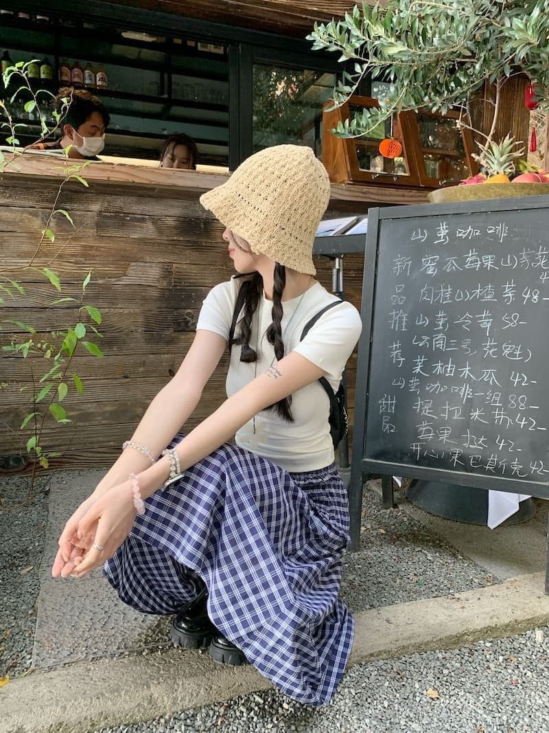 광저우 원단 원본 것 작은 대중 디자인 센스 파란색 체크무늬 반신 스커트 여성 의류 튜브탑 A라인 스커트 상세 이미지 8