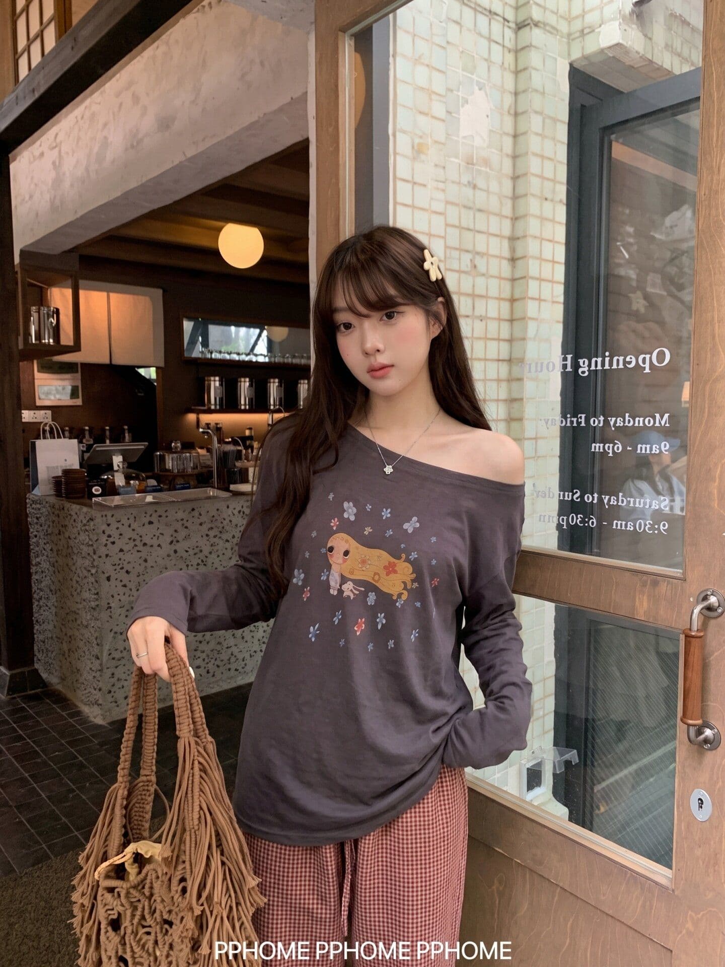 눈꽃 면 한 부서 프린트 비스듬한 어깨 긴팔 티셔츠 여성 여름 가을 새로운 루즈핏 캐주얼 얇은 스타일 블라우스 회색 맨위 상세 이미지 1