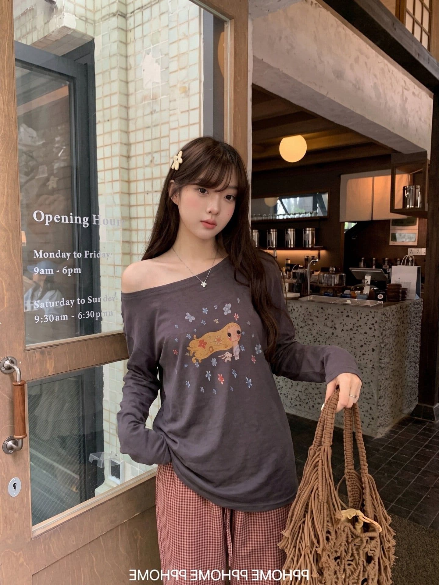눈꽃 면 한 부서 프린트 비스듬한 어깨 긴팔 티셔츠 여성 여름 가을 새로운 루즈핏 캐주얼 얇은 스타일 블라우스 회색 맨위 상세 이미지 5