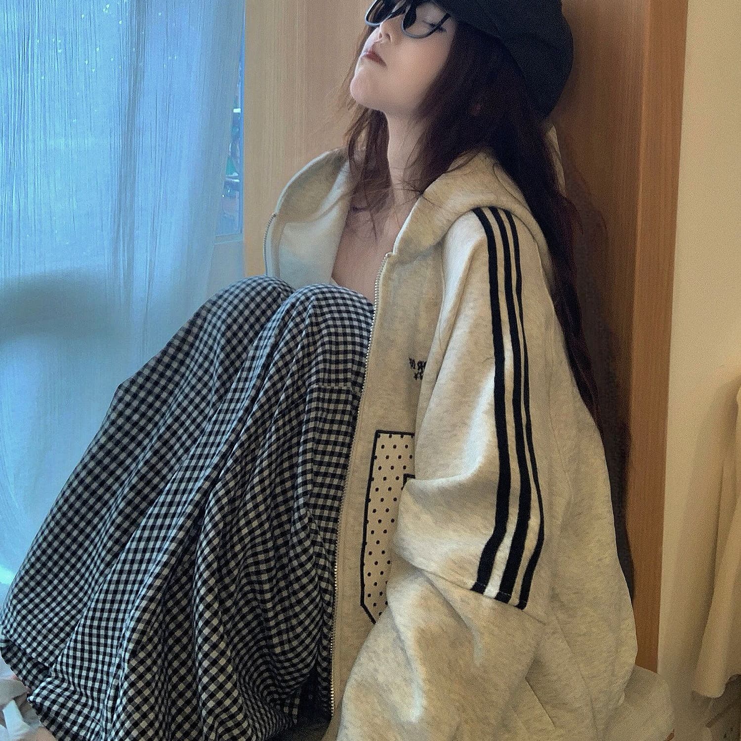 얇은 스타일 백금 지퍼 소매 구멍 압력 라인 자수 이후 패키지 칼라 순수한 Mianhua 면 복합 후드티 여성 이미지 5