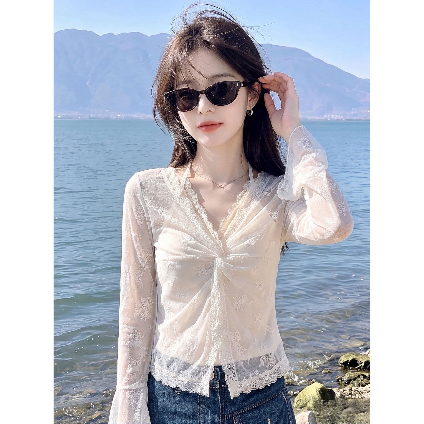 순수한 욕망 섹시함 레이스 자카드 시스루 인사이드 가져 가라. 행침 목 슬립 긴팔 여성 셔츠 여름 새로운 그레이트 봐. 의류 이미지 2
