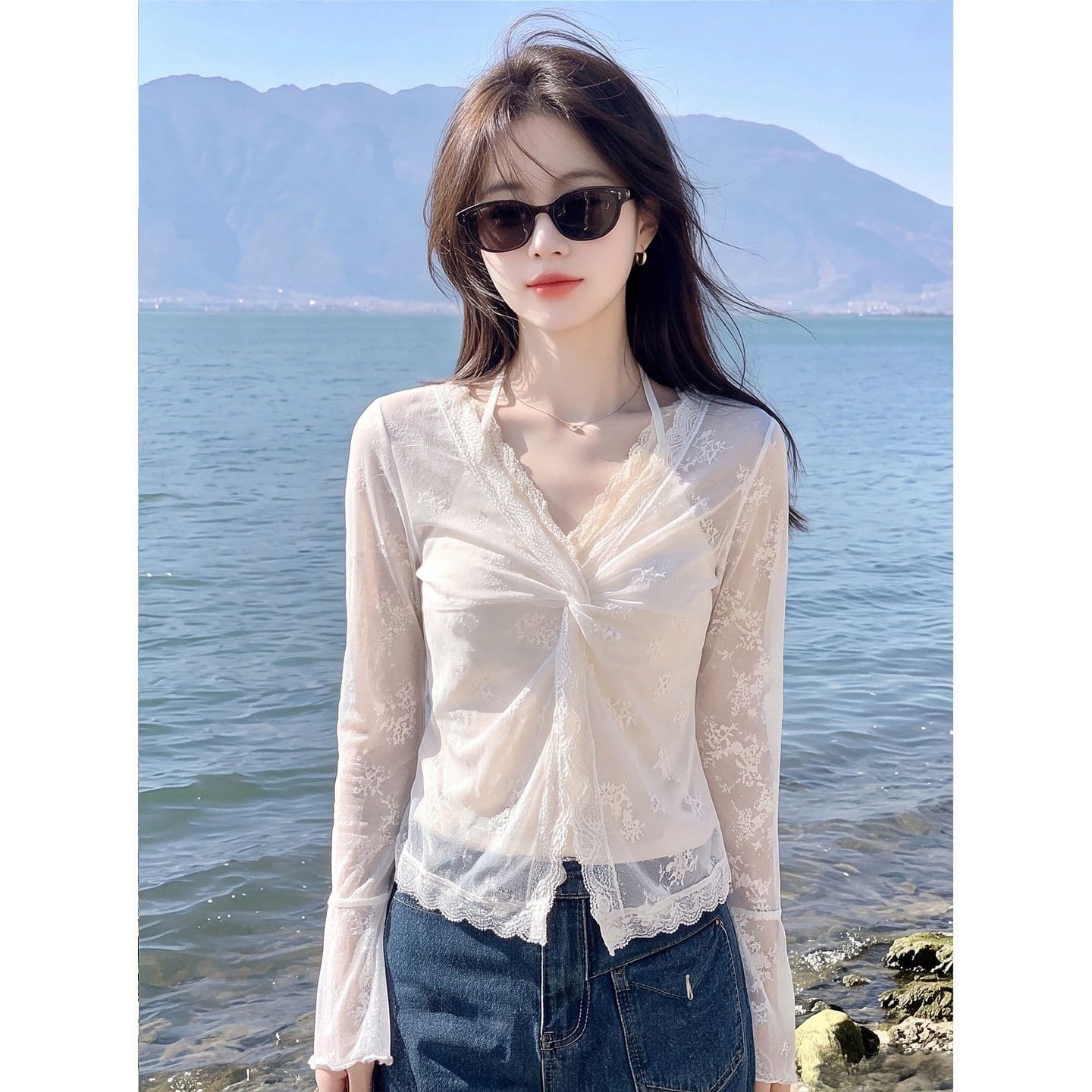 순수한 욕망 섹시함 레이스 자카드 시스루 인사이드 가져 가라. 행침 목 슬립 긴팔 여성 셔츠 여름 새로운 그레이트 봐. 의류 이미지 4