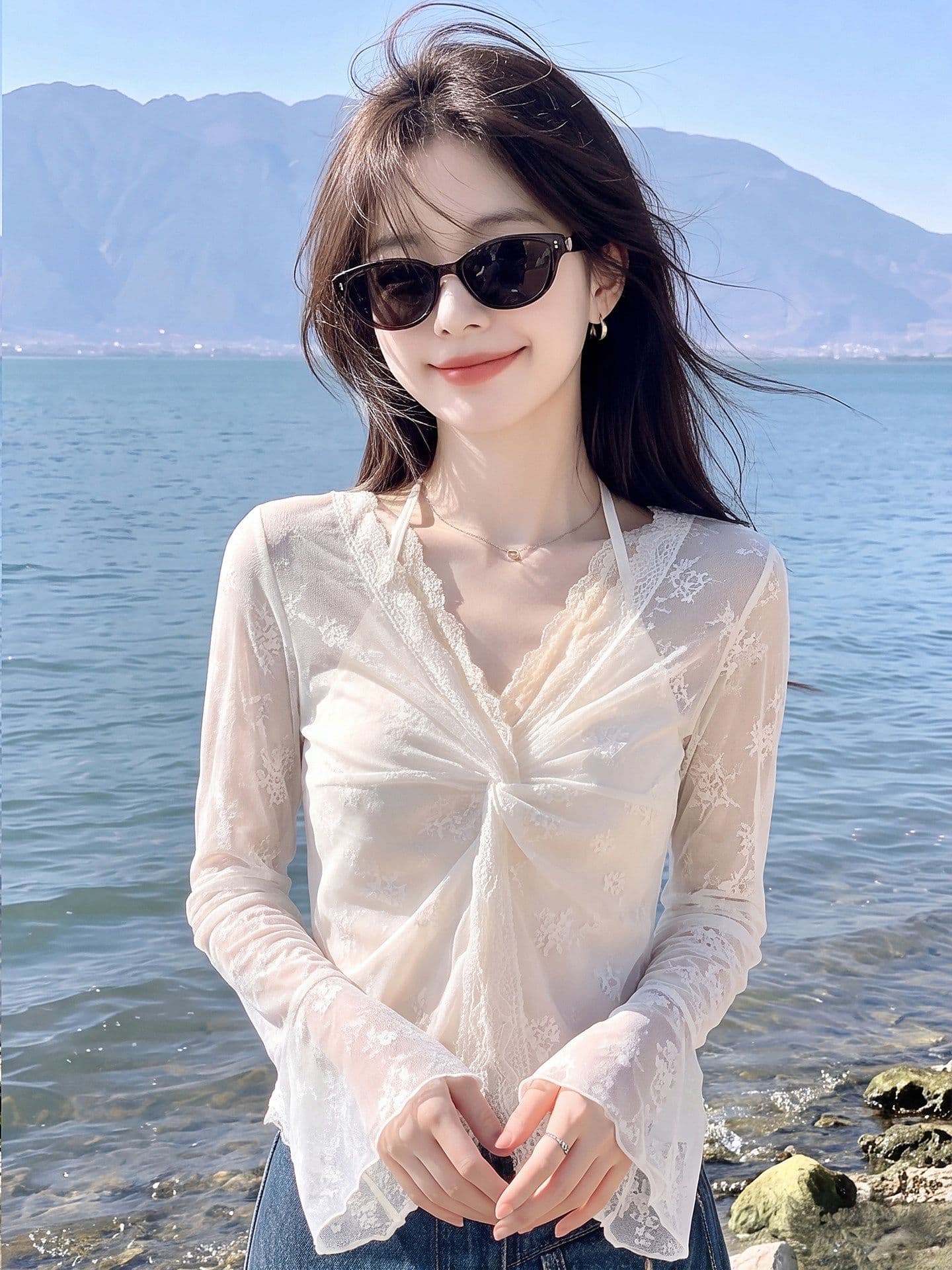순수한 욕망 섹시함 레이스 자카드 시스루 인사이드 가져 가라. 행침 목 슬립 긴팔 여성 셔츠 여름 새로운 그레이트 봐. 의류 상세 이미지 2