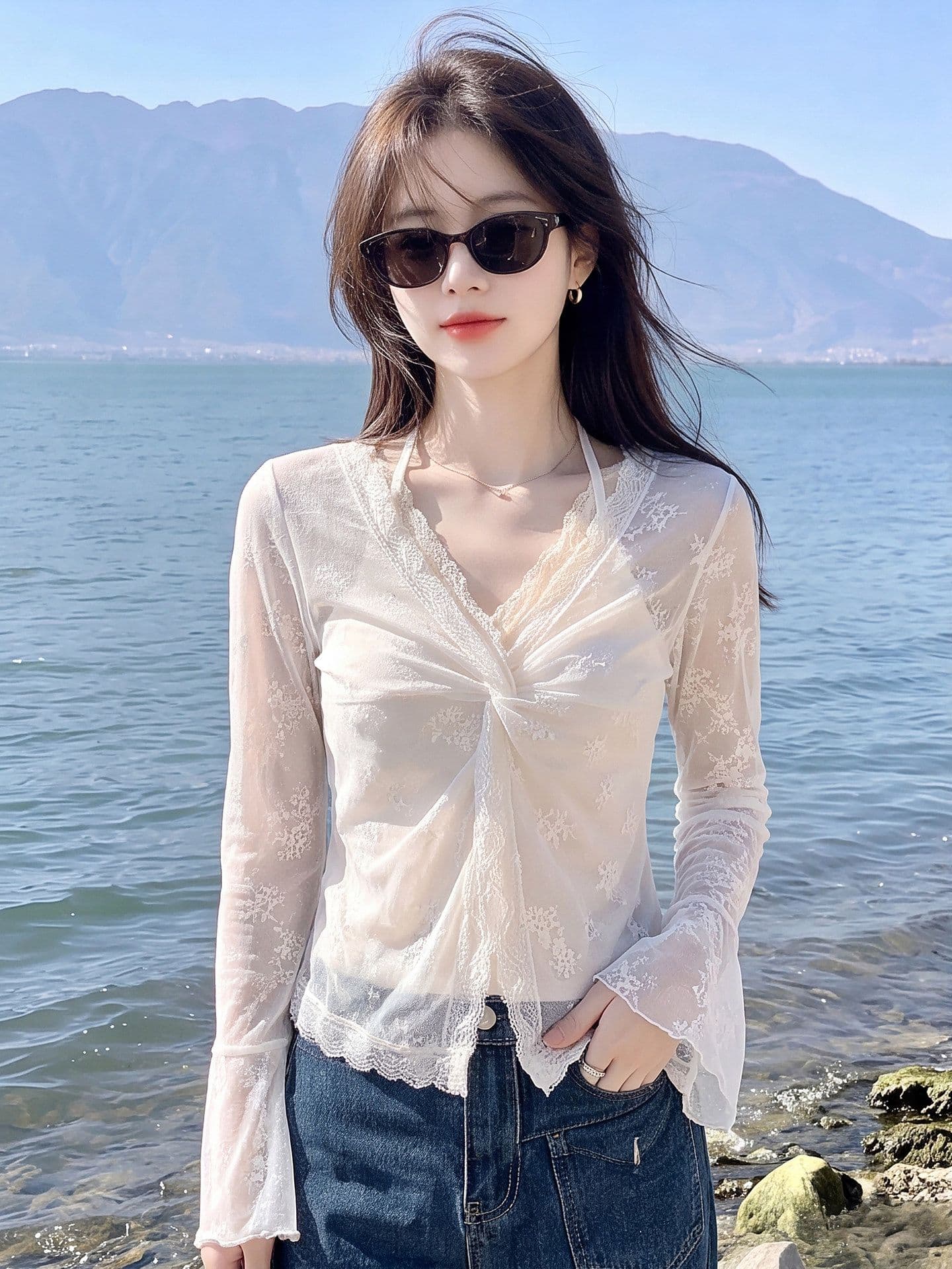 순수한 욕망 섹시함 레이스 자카드 시스루 인사이드 가져 가라. 행침 목 슬립 긴팔 여성 셔츠 여름 새로운 그레이트 봐. 의류 상세 이미지 3