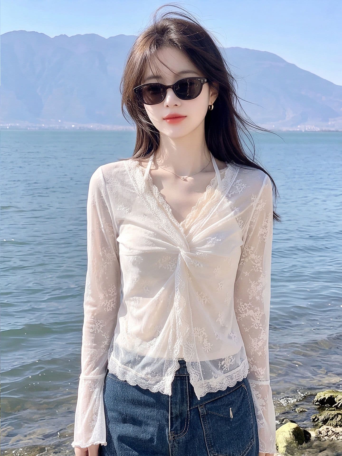 순수한 욕망 섹시함 레이스 자카드 시스루 인사이드 가져 가라. 행침 목 슬립 긴팔 여성 셔츠 여름 새로운 그레이트 봐. 의류 상세 이미지 4