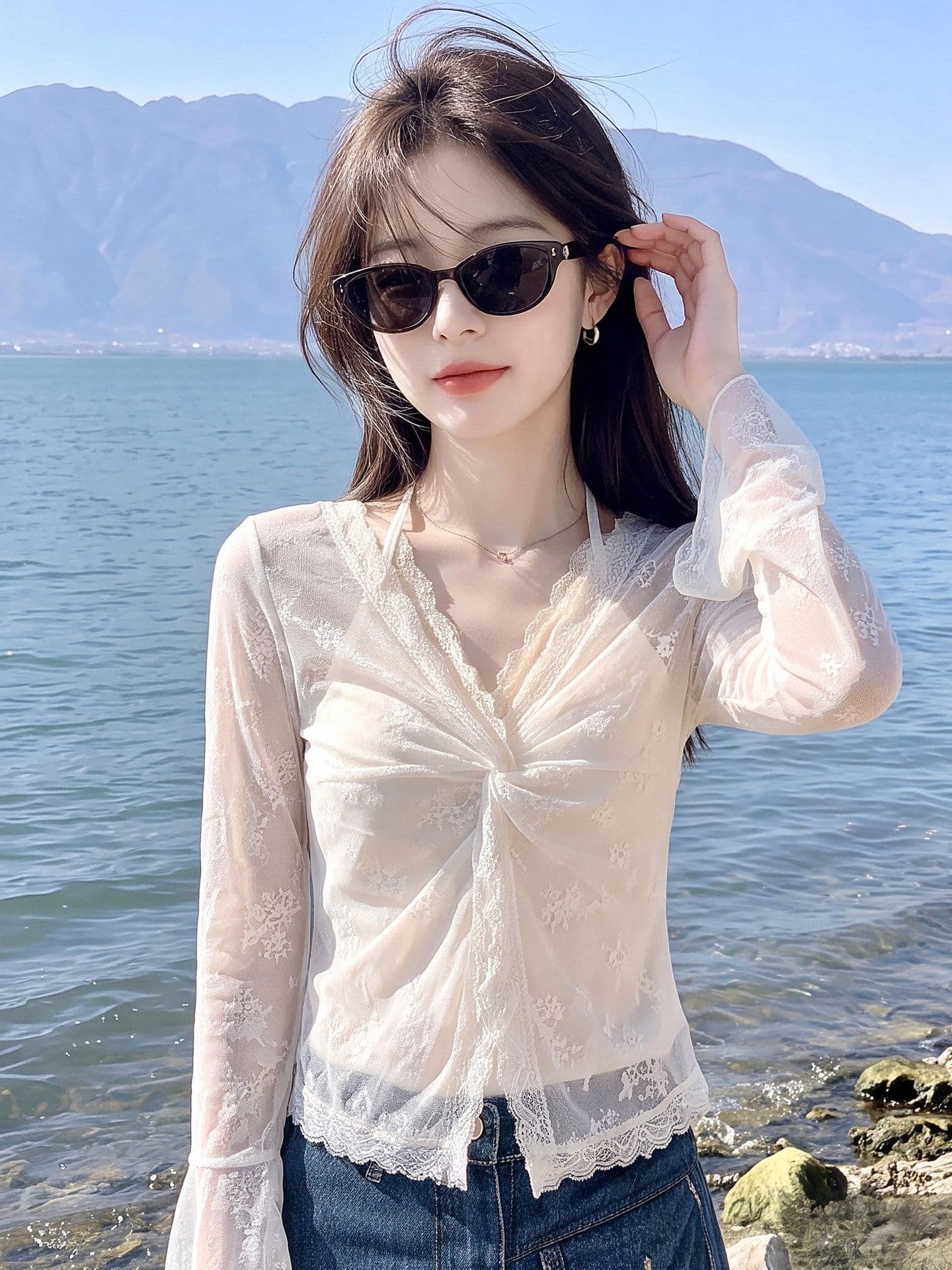 순수한 욕망 섹시함 레이스 자카드 시스루 인사이드 가져 가라. 행침 목 슬립 긴팔 여성 셔츠 여름 새로운 그레이트 봐. 의류 상세 이미지 5