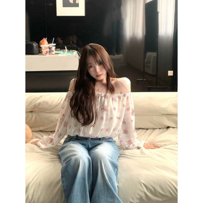 현대 그리드 프린트 낭만주의 바람 펌프 로프 오프숄더 꽃무늬 긴팔 맨위 여성 여름 오프숄더 쇼트 스타일 맨위 이미지 2