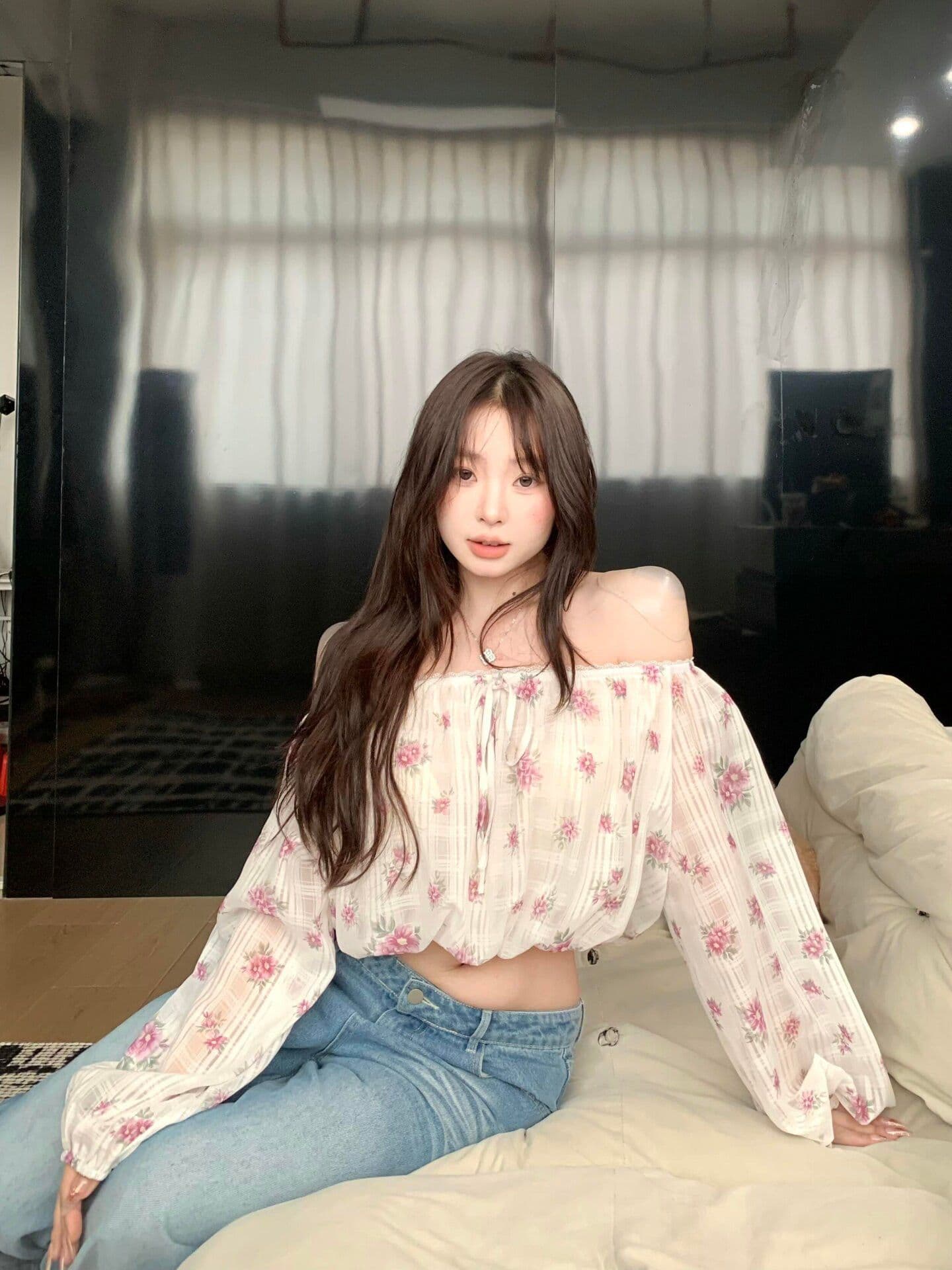 현대 그리드 프린트 낭만주의 바람 펌프 로프 오프숄더 꽃무늬 긴팔 맨위 여성 여름 오프숄더 쇼트 스타일 맨위 상세 이미지 4