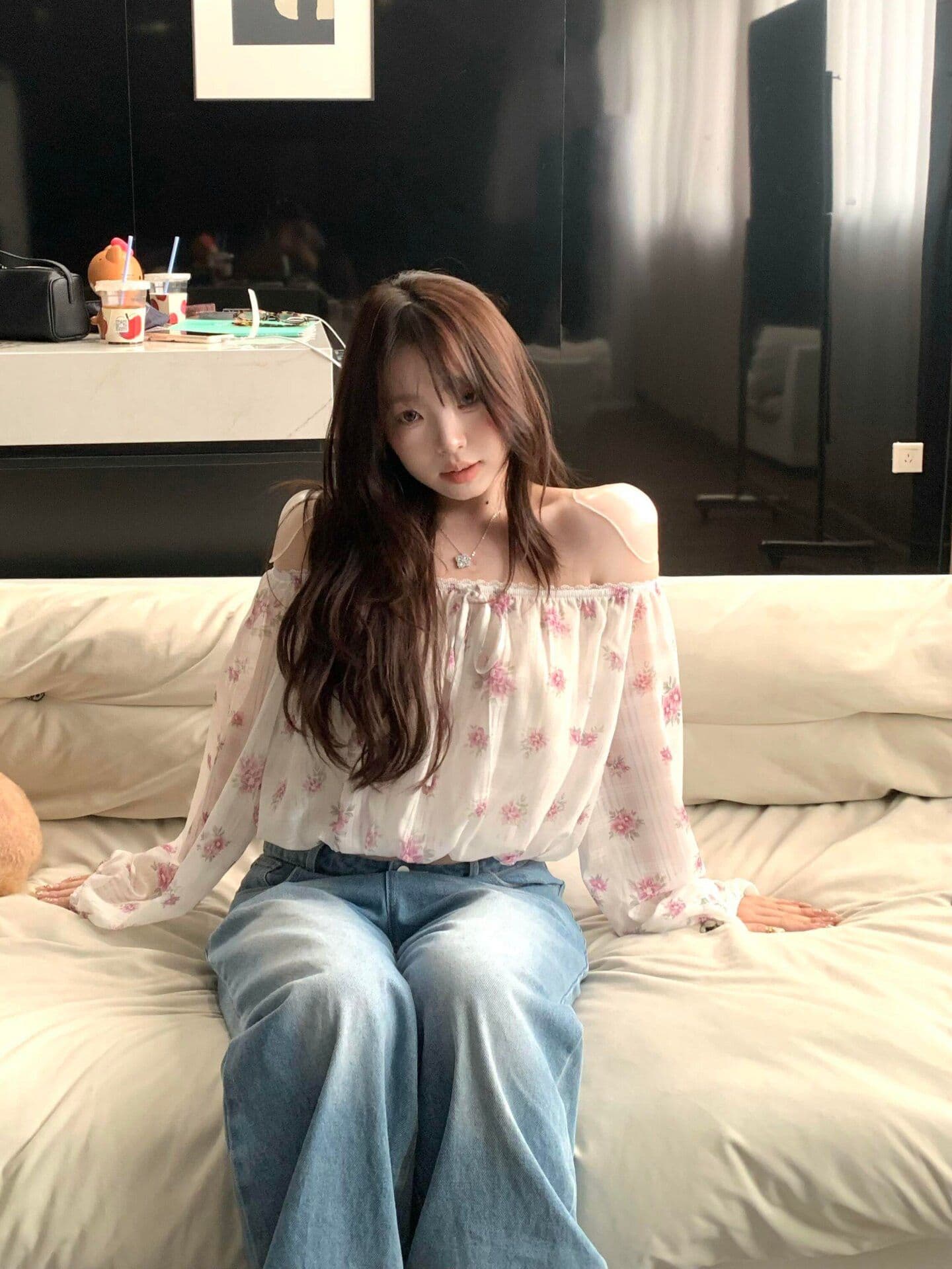 현대 그리드 프린트 낭만주의 바람 펌프 로프 오프숄더 꽃무늬 긴팔 맨위 여성 여름 오프숄더 쇼트 스타일 맨위 상세 이미지 5
