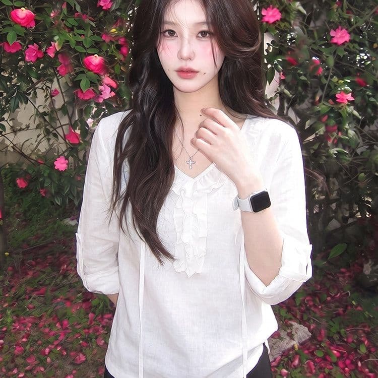 미니멀리즘 면 한 부서 디자인 센스 프릴 레이스업 긴팔 티셔츠 여성 여름 2026 느슨함 센스 캐주얼 루즈핏 맨위 이미지 4