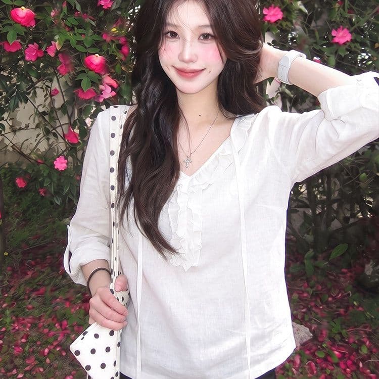 미니멀리즘 면 한 부서 디자인 센스 프릴 레이스업 긴팔 티셔츠 여성 여름 2026 느슨함 센스 캐주얼 루즈핏 맨위 이미지 2