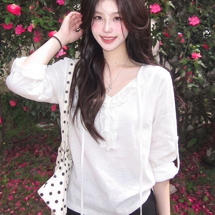 미니멀리즘 면 한 부서 디자인 센스 프릴 레이스업 긴팔 티셔츠 여성 여름 2026 느슨함 센스 캐주얼 루즈핏 맨위