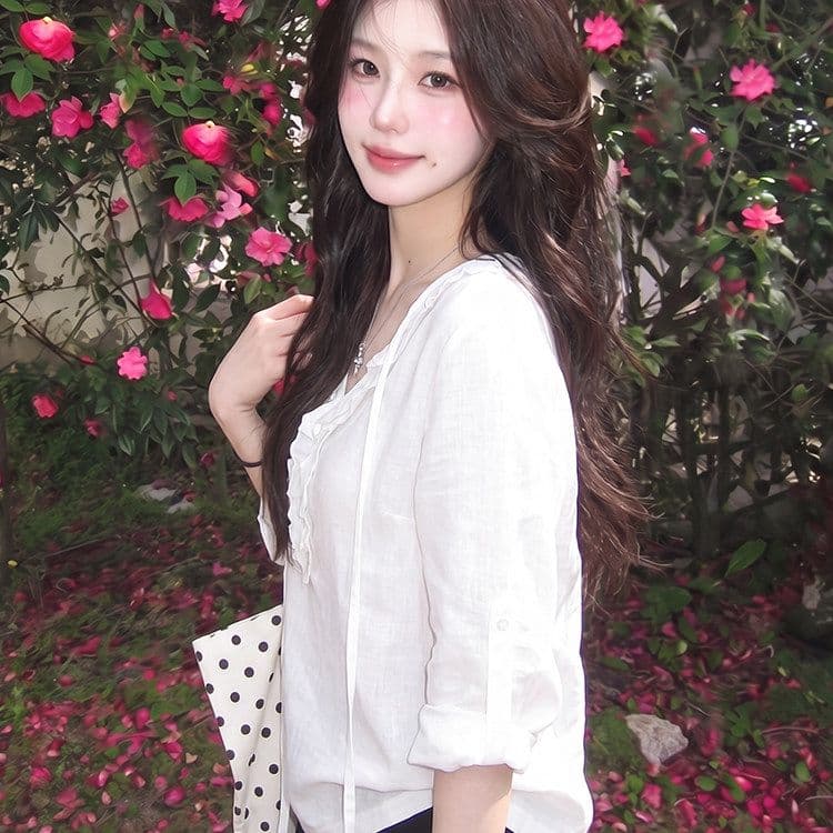 미니멀리즘 면 한 부서 디자인 센스 프릴 레이스업 긴팔 티셔츠 여성 여름 2026 느슨함 센스 캐주얼 루즈핏 맨위 이미지 3