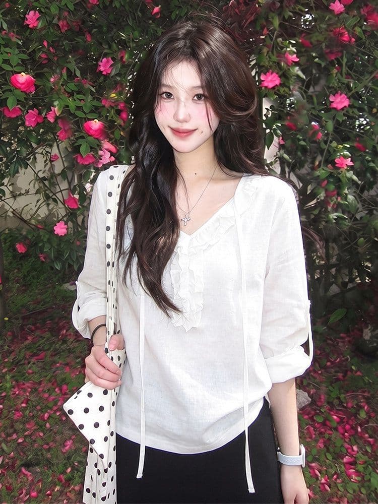 미니멀리즘 면 한 부서 디자인 센스 프릴 레이스업 긴팔 티셔츠 여성 여름 2026 느슨함 센스 캐주얼 루즈핏 맨위 상세 이미지 2
