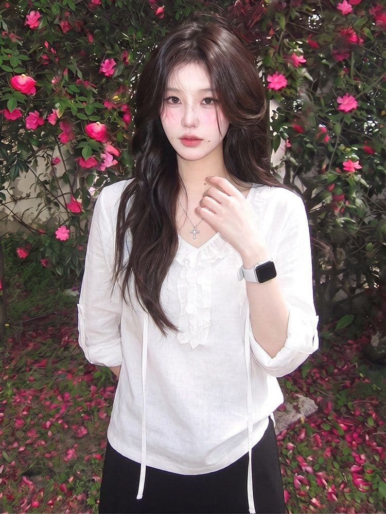 미니멀리즘 면 한 부서 디자인 센스 프릴 레이스업 긴팔 티셔츠 여성 여름 2026 느슨함 센스 캐주얼 루즈핏 맨위 상세 이미지 3