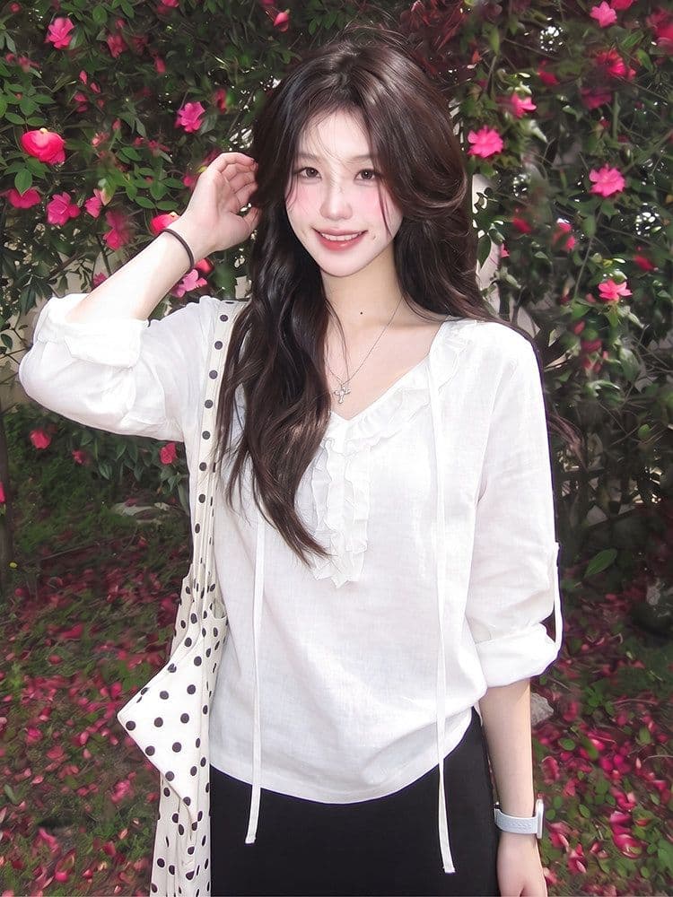 미니멀리즘 면 한 부서 디자인 센스 프릴 레이스업 긴팔 티셔츠 여성 여름 2026 느슨함 센스 캐주얼 루즈핏 맨위 상세 이미지 4