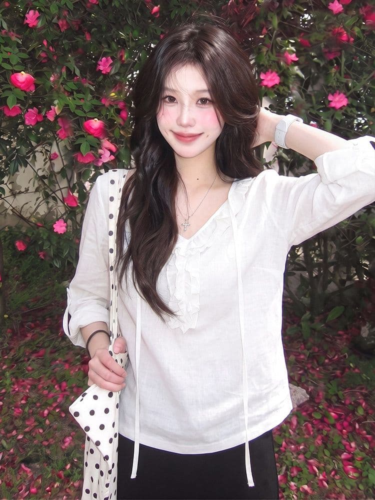 미니멀리즘 면 한 부서 디자인 센스 프릴 레이스업 긴팔 티셔츠 여성 여름 2026 느슨함 센스 캐주얼 루즈핏 맨위 상세 이미지 5