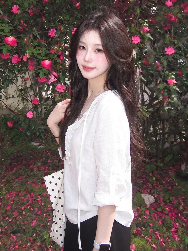 미니멀리즘 면 한 부서 디자인 센스 프릴 레이스업 긴팔 티셔츠 여성 여름 2026 느슨함 센스 캐주얼 루즈핏 맨위 상세 이미지 6