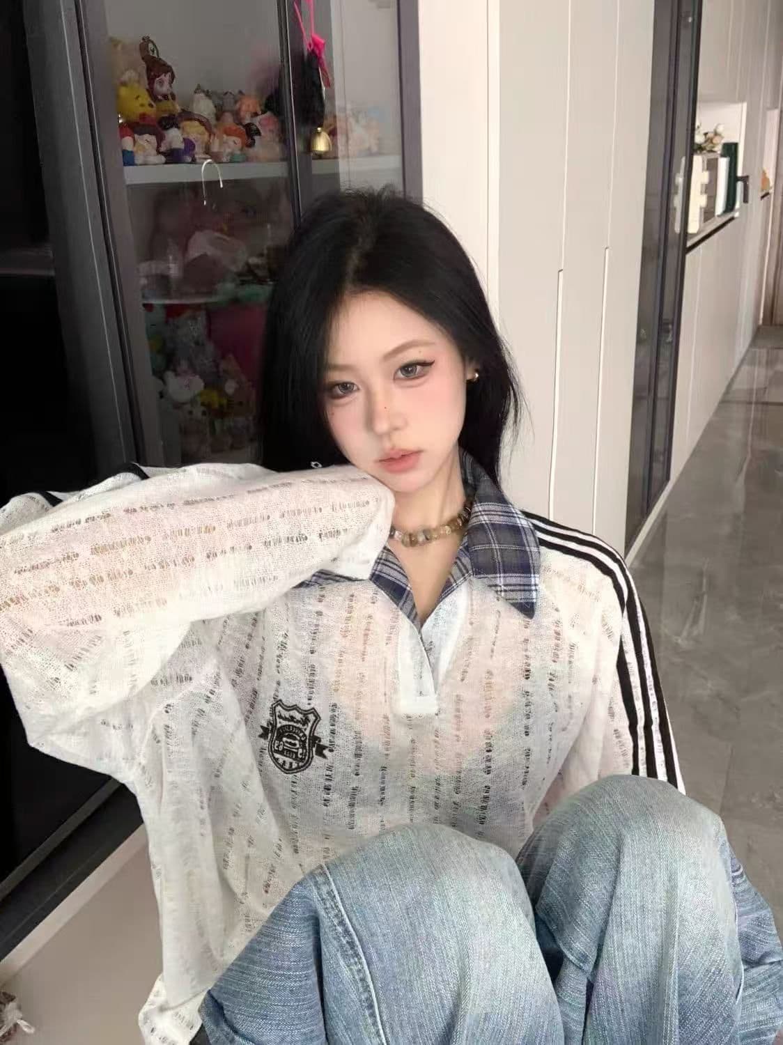 광저우 원본 원단 레트로 봄 가을 홀로우 아웃 긴팔 맨위 체크무늬 패치워크 페이크 레이어드 polo 웨이 여성 의류 상세 이미지 7