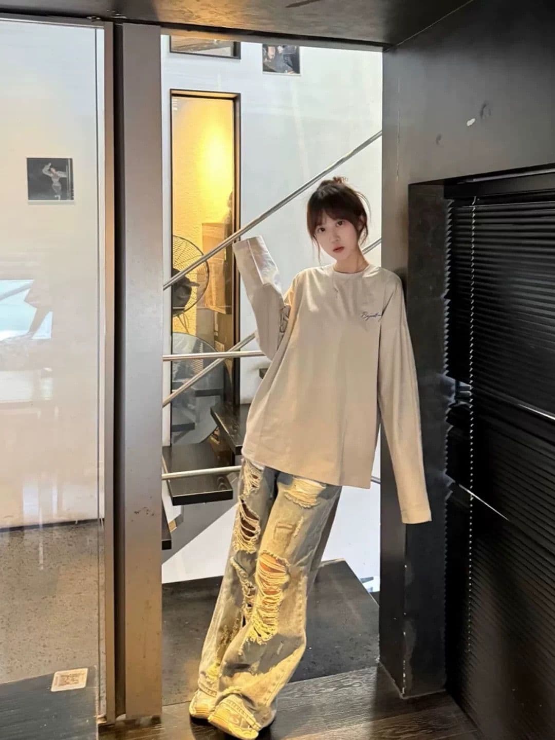 자수 네리 가게 천 19 지점 220 그램 순면 긴팔 티셔츠 남녀 이미지 3