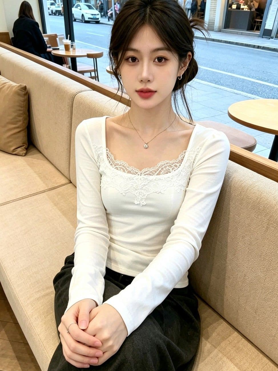 260 그램 사람들 면 순수한 욕망 섹시함 레이스 레이스 화이트 긴팔 티셔츠 여성 몸매 가꾸기 슬림해 보이는 광장 칼라 여름과 가을 맨위