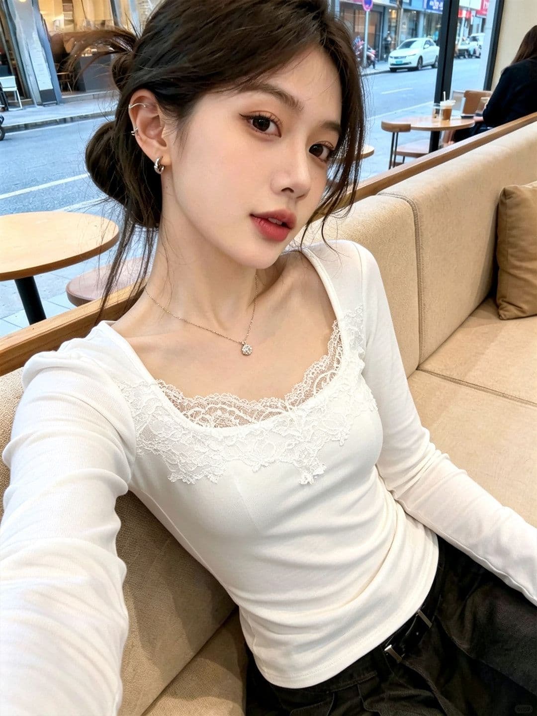 260 그램 사람들 면 순수한 욕망 섹시함 레이스 레이스 화이트 긴팔 티셔츠 여성 몸매 가꾸기 슬림해 보이는 광장 칼라 여름과 가을 맨위 상세 이미지 1