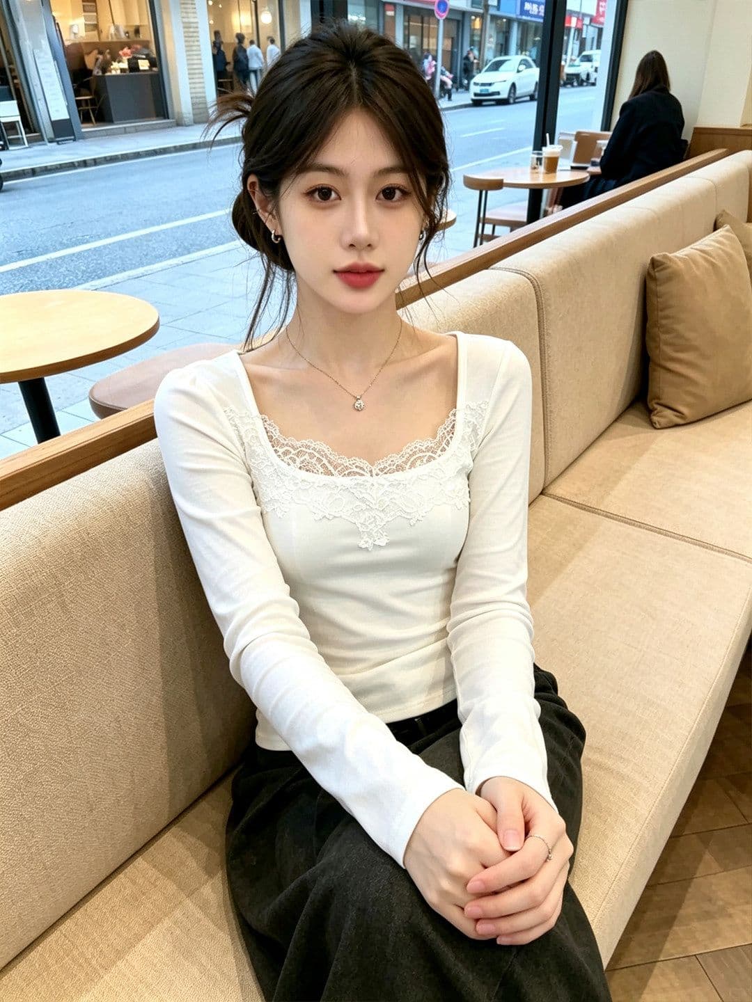 260 그램 사람들 면 순수한 욕망 섹시함 레이스 레이스 화이트 긴팔 티셔츠 여성 몸매 가꾸기 슬림해 보이는 광장 칼라 여름과 가을 맨위 상세 이미지 2