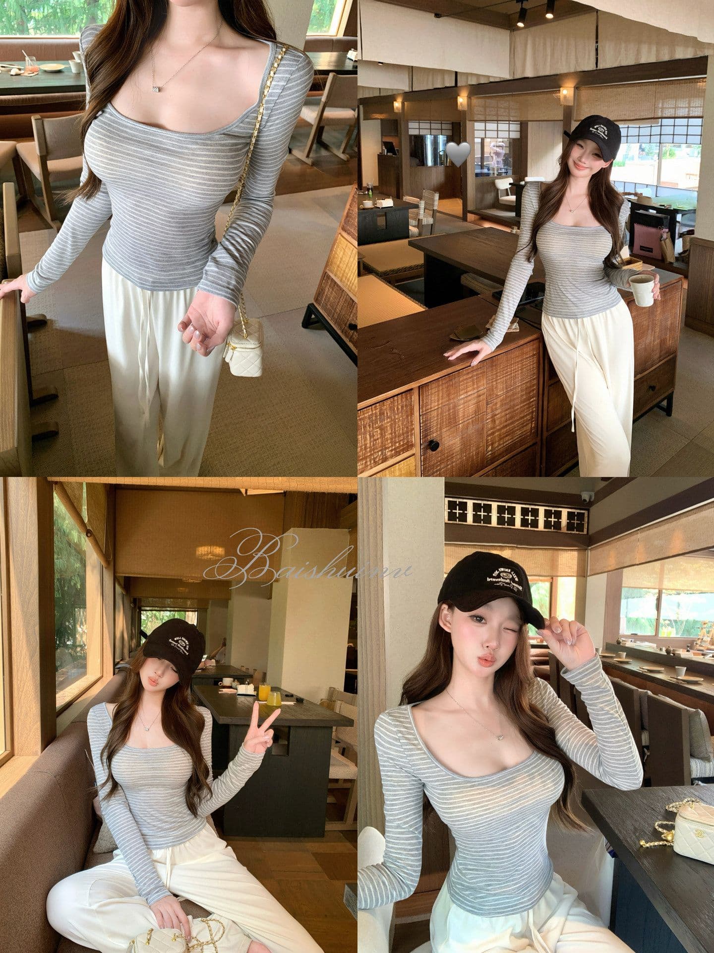 깊은 u 칼라 긴팔 티셔츠 여성 여름과 가을 얇은 스타일 한 부서 부드러운 허리 수축 핫걸 슬림해 보이는 다용도 작은 대중 스트라이프 맨위 이미지 4