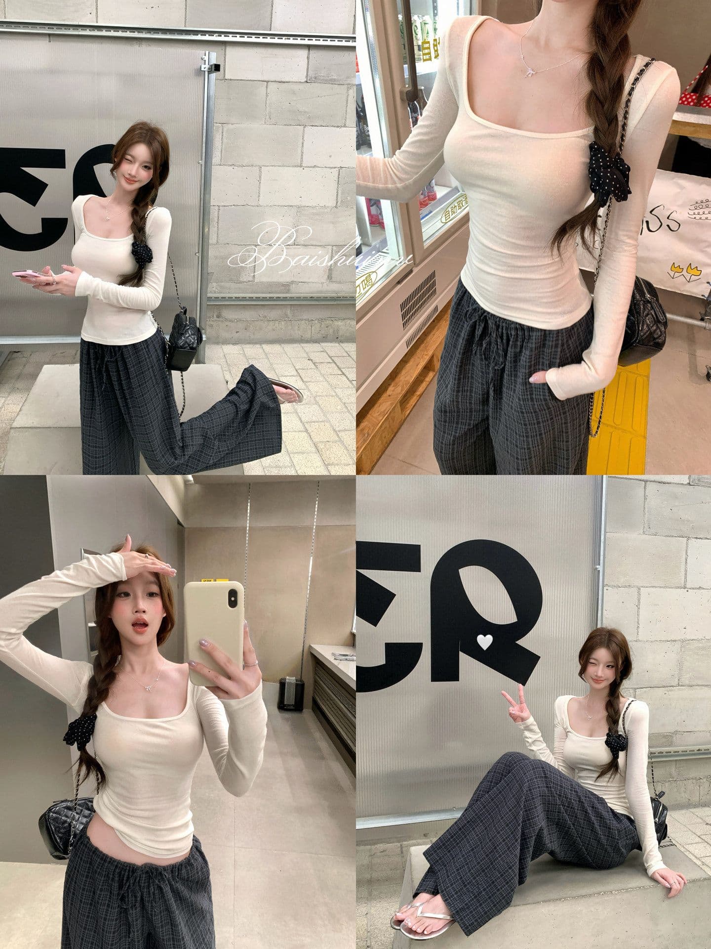 깊은 u 칼라 긴팔 티셔츠 여성 여름과 가을 얇은 스타일 한 부서 부드러운 허리 수축 핫걸 슬림해 보이는 다용도 작은 대중 스트라이프 맨위 이미지 3