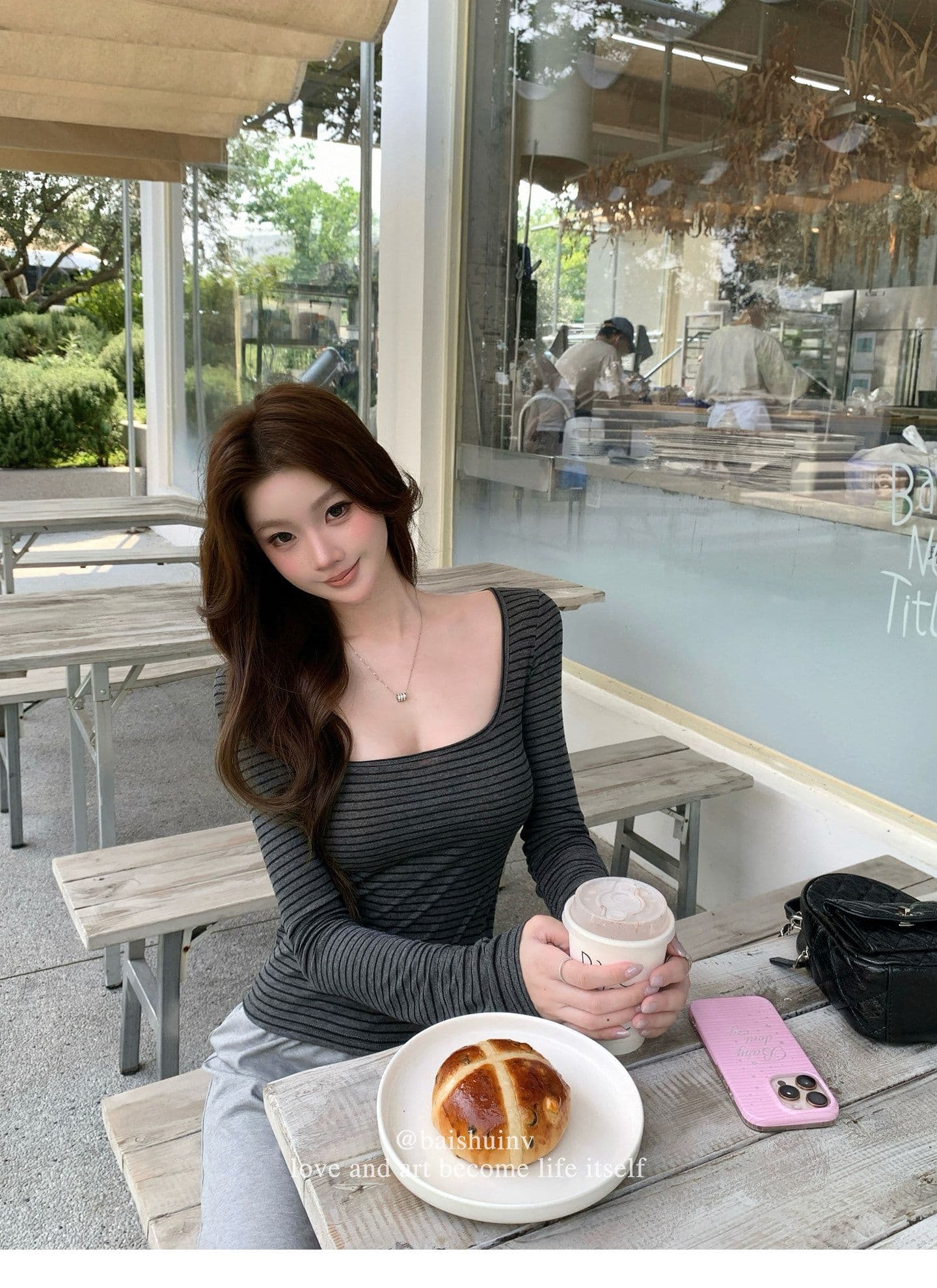 깊은 u 칼라 긴팔 티셔츠 여성 여름과 가을 얇은 스타일 한 부서 부드러운 허리 수축 핫걸 슬림해 보이는 다용도 작은 대중 스트라이프 맨위 상세 이미지 5