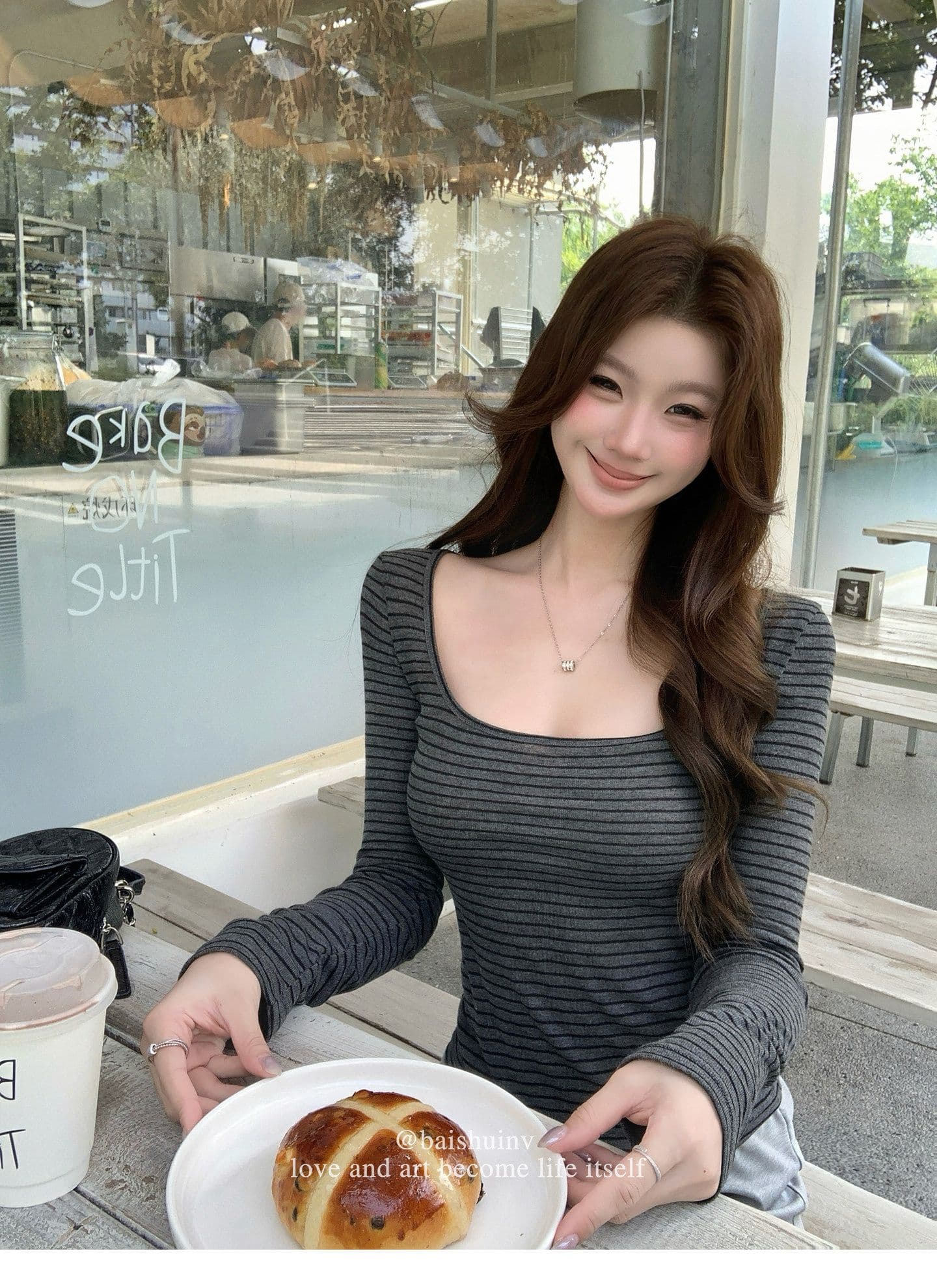 깊은 u 칼라 긴팔 티셔츠 여성 여름과 가을 얇은 스타일 한 부서 부드러운 허리 수축 핫걸 슬림해 보이는 다용도 작은 대중 스트라이프 맨위 상세 이미지 17