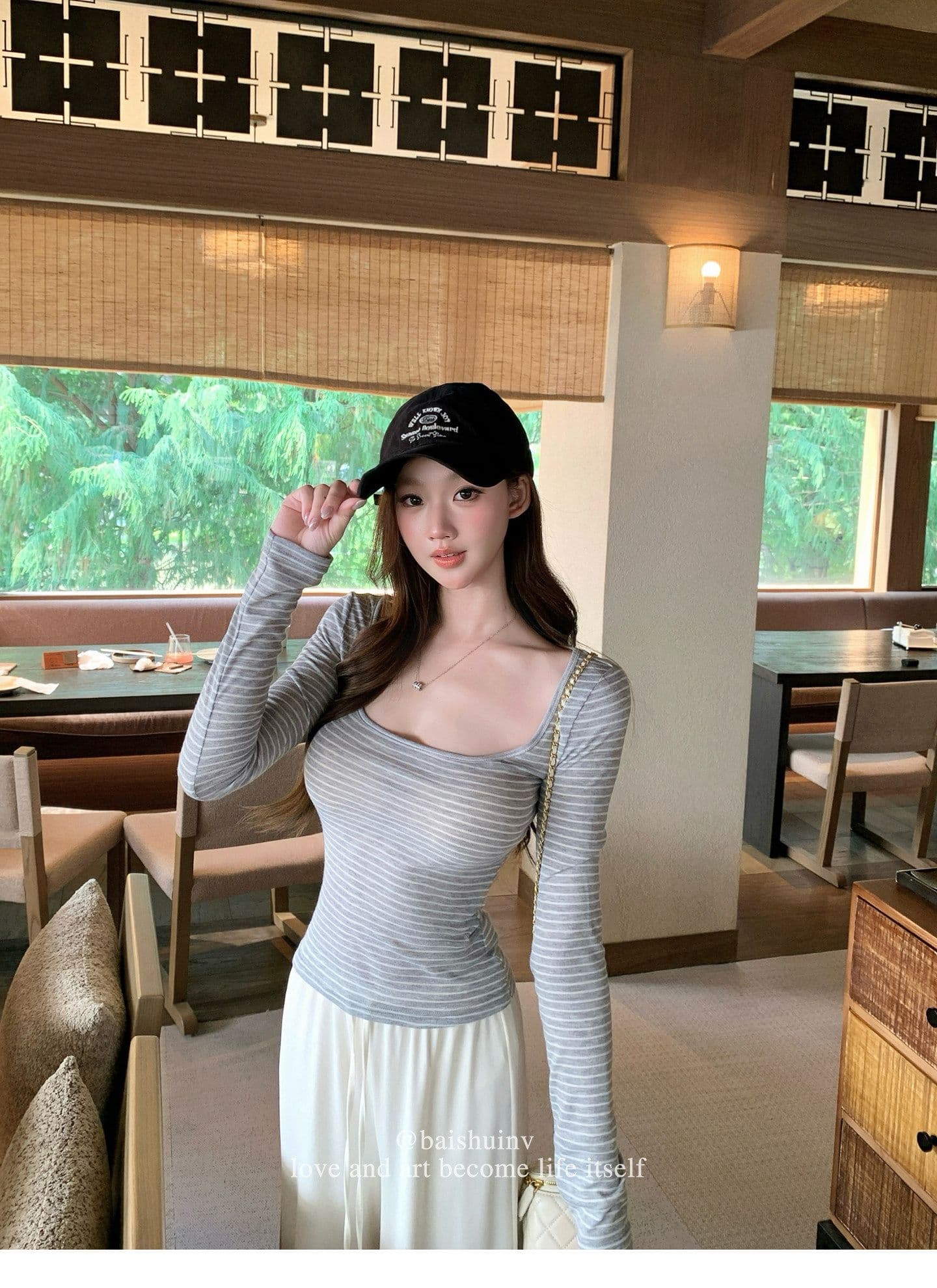 깊은 u 칼라 긴팔 티셔츠 여성 여름과 가을 얇은 스타일 한 부서 부드러운 허리 수축 핫걸 슬림해 보이는 다용도 작은 대중 스트라이프 맨위 상세 이미지 27
