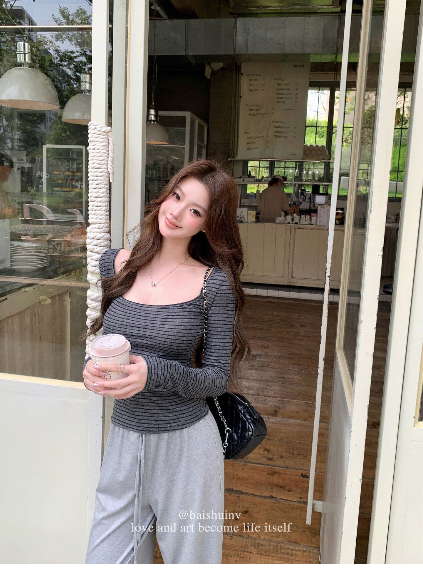 깊은 u 칼라 긴팔 티셔츠 여성 여름과 가을 얇은 스타일 한 부서 부드러운 허리 수축 핫걸 슬림해 보이는 다용도 작은 대중 스트라이프 맨위 상세 이미지 32