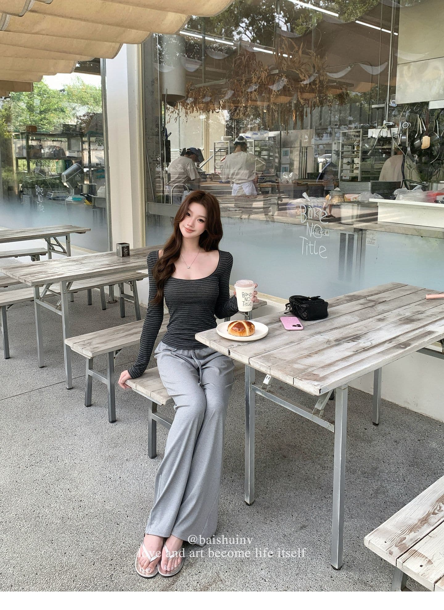 깊은 u 칼라 긴팔 티셔츠 여성 여름과 가을 얇은 스타일 한 부서 부드러운 허리 수축 핫걸 슬림해 보이는 다용도 작은 대중 스트라이프 맨위 상세 이미지 36