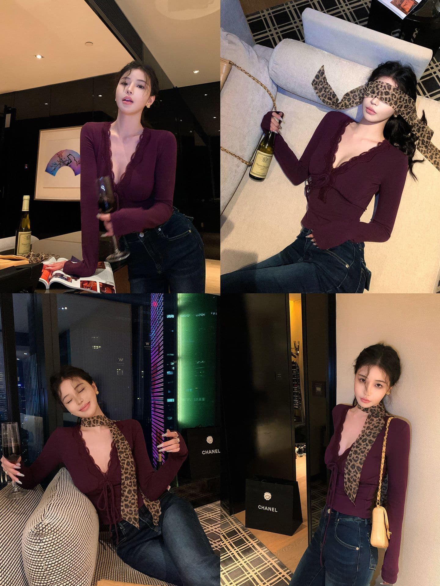 260 그램 사람들 면 고급 센스 레이스 조각 보라색 V넥 긴팔 티셔츠 가을 몸매 가꾸기 인사이드 가져 가라. 기본 셔츠 맨위 이미지 3