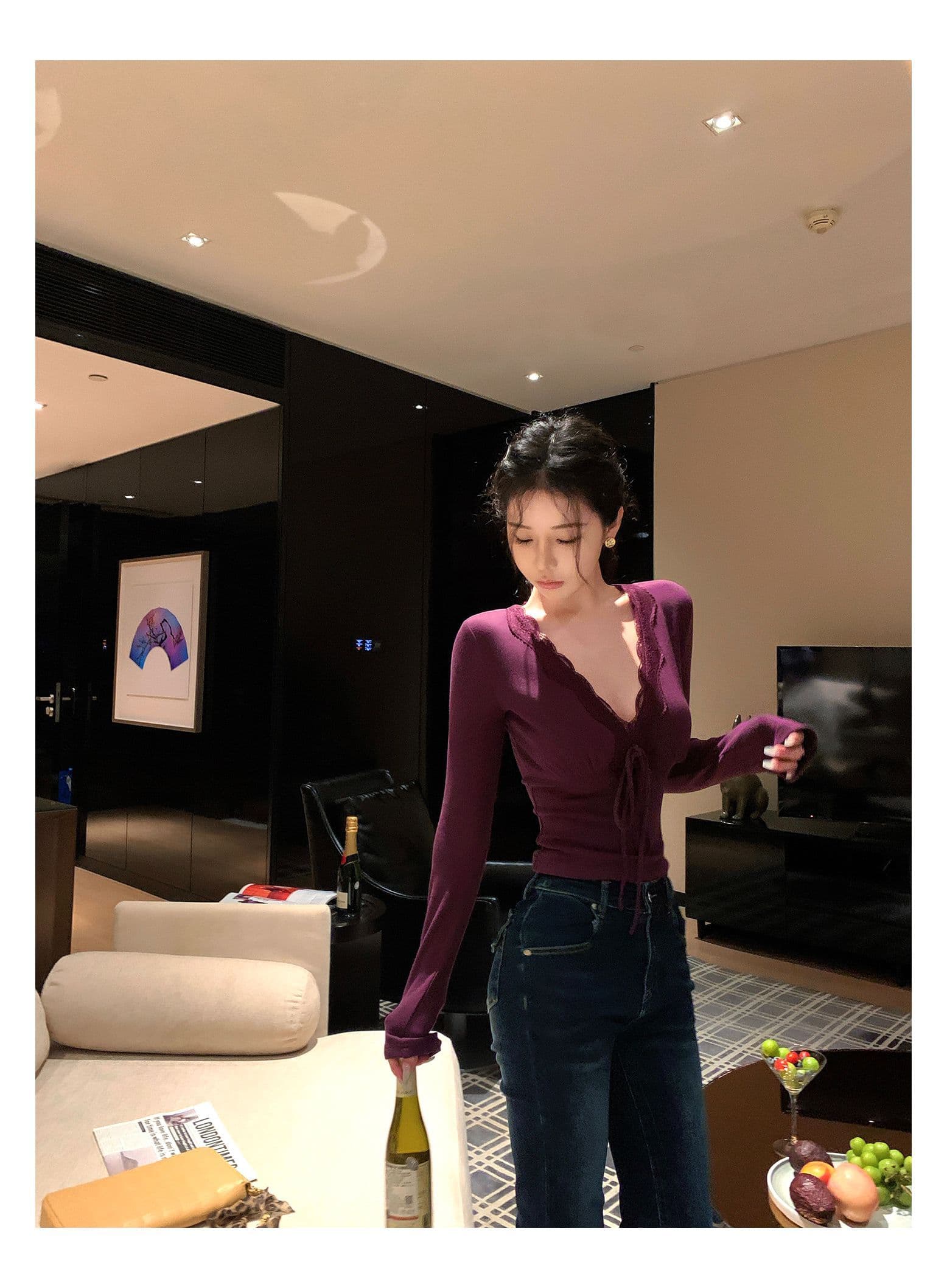 260 그램 사람들 면 고급 센스 레이스 조각 보라색 V넥 긴팔 티셔츠 가을 몸매 가꾸기 인사이드 가져 가라. 기본 셔츠 맨위 상세 이미지 20