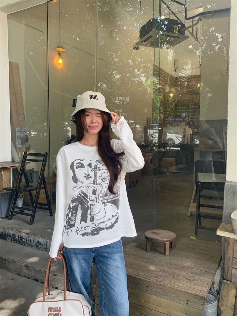 더블 실 순면 화이트 아메리칸 레트로 프린트 긴팔 티셔츠 여성 가을 루즈핏 느긋한 센스 다용도 라운드 넥 맨위 상세 이미지 3