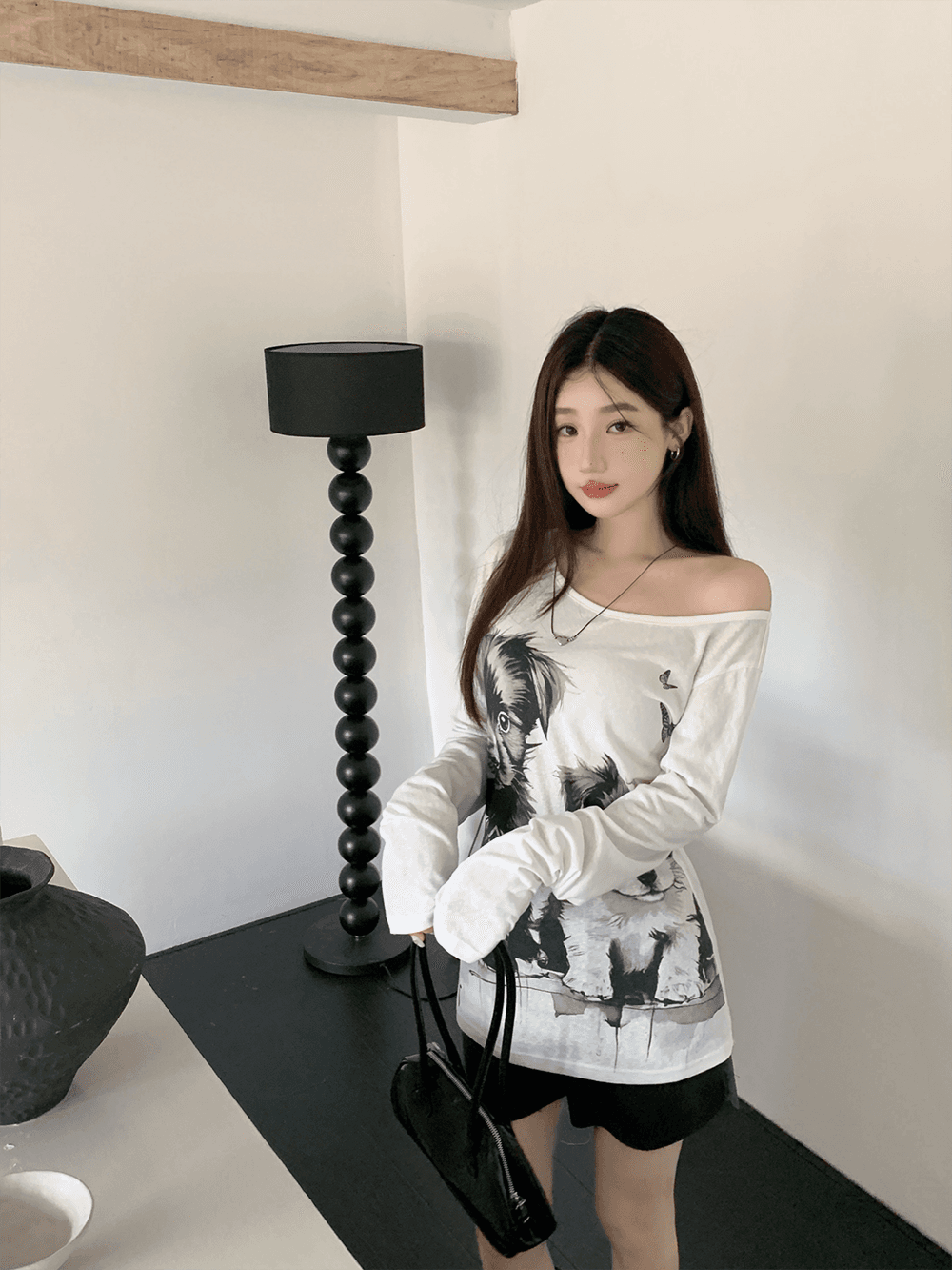 눈꽃 면 이른 가을 레트로 핫걸 마이크로 ~을 통해 섹시함 귀여운 강아지 오프숄더 긴팔 몸매 가꾸기 슬림해 보이는 오프숄더 맨위 상세 이미지 2