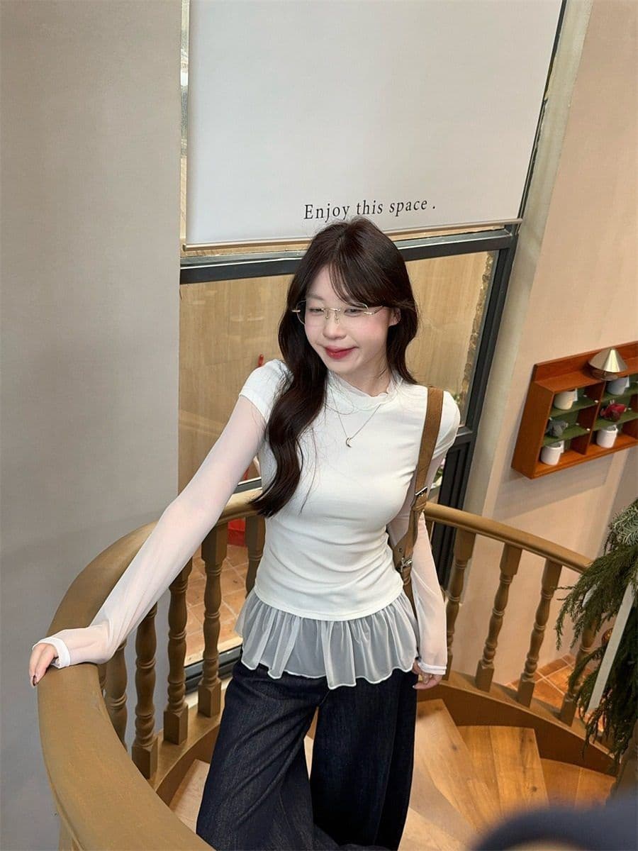 260 그램 사람들 면 디자인 센스 품격 페이크 레이어드 긴팔 티셔츠 여성 여름 가을 다용도 몸매 가꾸기 슬림해 보이는 기본 셔츠 맨위