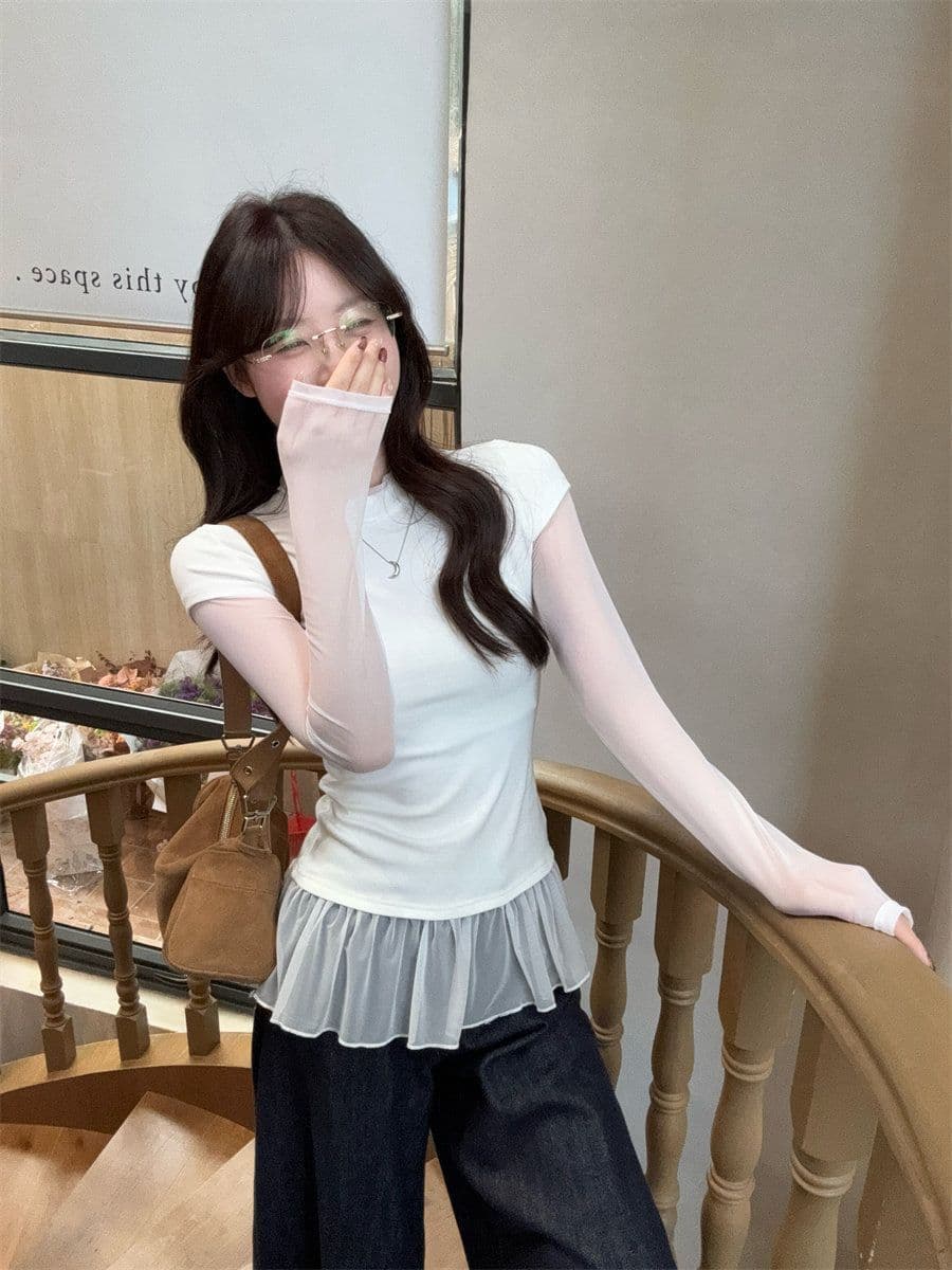 260 그램 사람들 면 디자인 센스 품격 페이크 레이어드 긴팔 티셔츠 여성 여름 가을 다용도 몸매 가꾸기 슬림해 보이는 기본 셔츠 맨위 상세 이미지 2