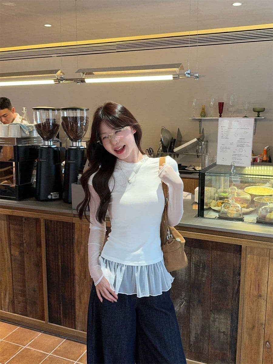 260 그램 사람들 면 디자인 센스 품격 페이크 레이어드 긴팔 티셔츠 여성 여름 가을 다용도 몸매 가꾸기 슬림해 보이는 기본 셔츠 맨위 상세 이미지 3