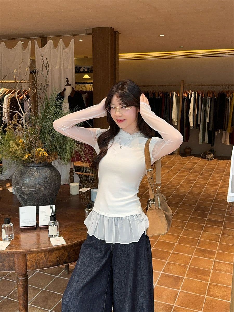 260 그램 사람들 면 디자인 센스 품격 페이크 레이어드 긴팔 티셔츠 여성 여름 가을 다용도 몸매 가꾸기 슬림해 보이는 기본 셔츠 맨위 상세 이미지 4