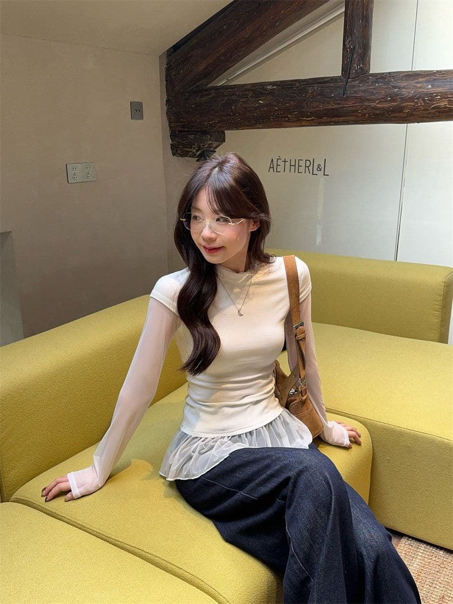 260 그램 사람들 면 디자인 센스 품격 페이크 레이어드 긴팔 티셔츠 여성 여름 가을 다용도 몸매 가꾸기 슬림해 보이는 기본 셔츠 맨위 상세 이미지 6