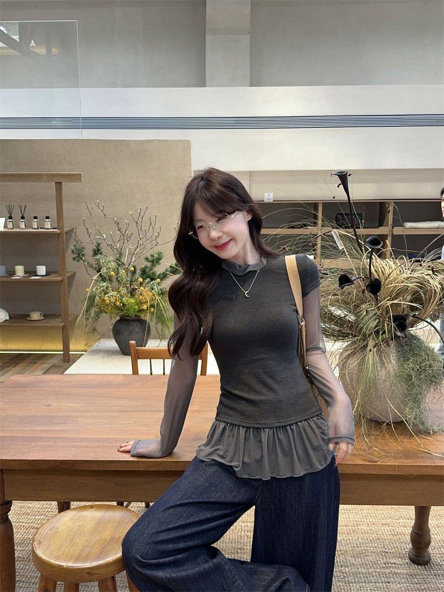 260 그램 사람들 면 디자인 센스 품격 페이크 레이어드 긴팔 티셔츠 여성 여름 가을 다용도 몸매 가꾸기 슬림해 보이는 기본 셔츠 맨위 상세 이미지 15