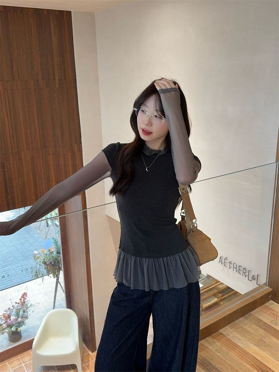 260 그램 사람들 면 디자인 센스 품격 페이크 레이어드 긴팔 티셔츠 여성 여름 가을 다용도 몸매 가꾸기 슬림해 보이는 기본 셔츠 맨위 상세 이미지 18