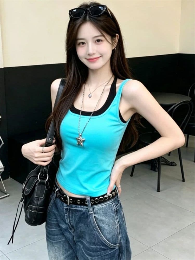 40 순면 한 부서 페이크 레이어드 행침 목 캐미솔 여름 인사이드 가져 가라. 외출용 몸매 가꾸기 슬림해 보이는 민소매 맨위 이미지 4