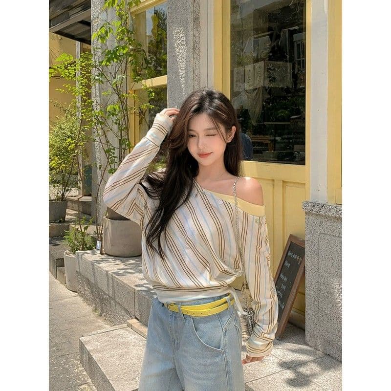 불규칙 비스듬한 어깨 스트라이프 긴팔 여성 배색 패치워크 오프숄더 루즈핏 펌프 로프 허리 수축 분위기 센스 맨위 이미지 4